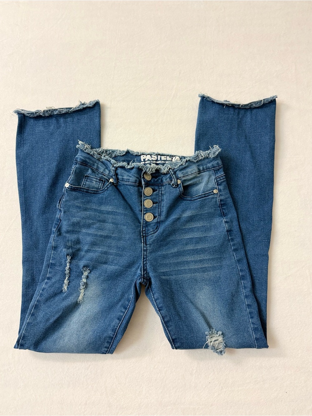 Pastel Jeans Raw Fringe Waist Frayed Hem Distressed Button Fly Flare Jeans 7/8